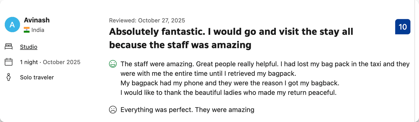 Booking.com review by Avinash from India, 10 out of 10: the staff were amazing and helped him get back a bag lost in a taxi