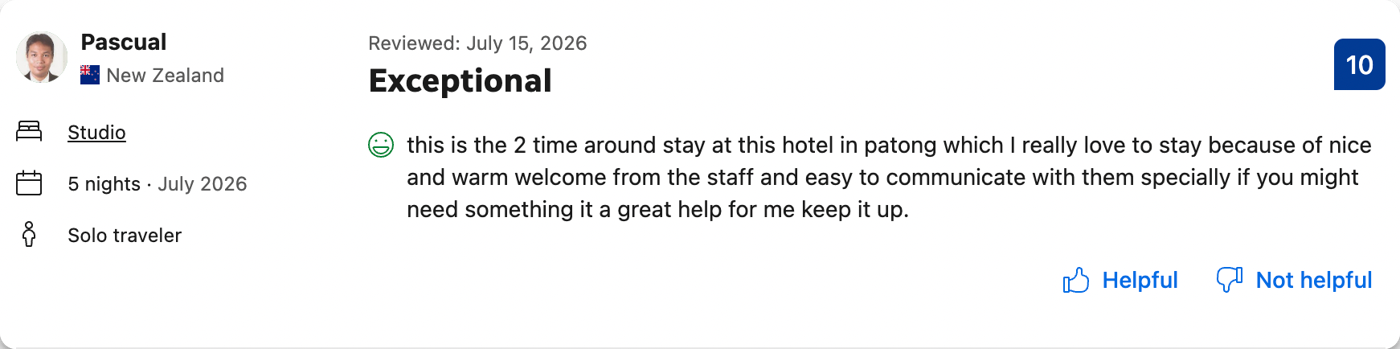 Booking.com review by Pascual from New Zealand, 10 out of 10: second stay, warm welcome from the staff