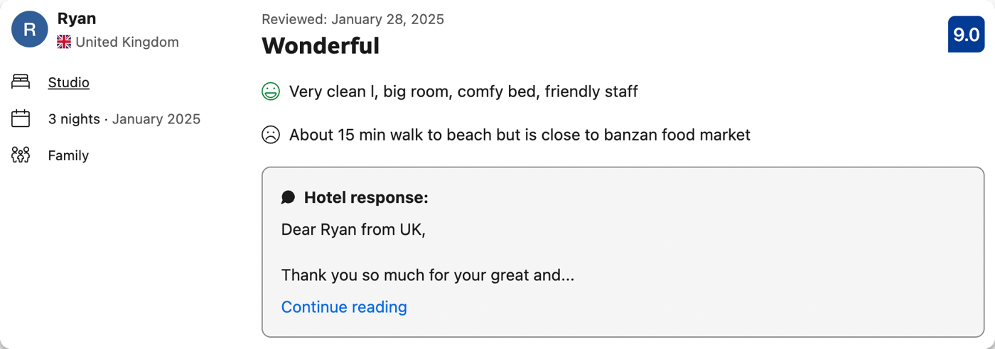 Booking.com review by Ryan from the UK, 9 out of 10: very clean, big room, comfy bed, friendly staff