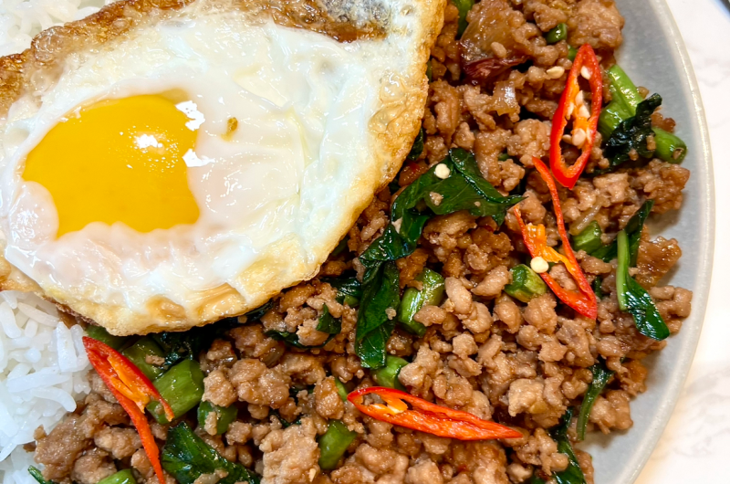 Pad kra pao with a crispy fried egg